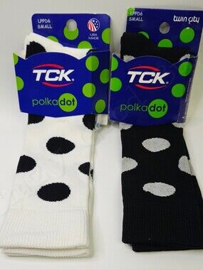 2pk TCK Black & White Polka Dot Mid-calf Socks Small, Kids Shoe Sz 3-6, Wmn 4-7